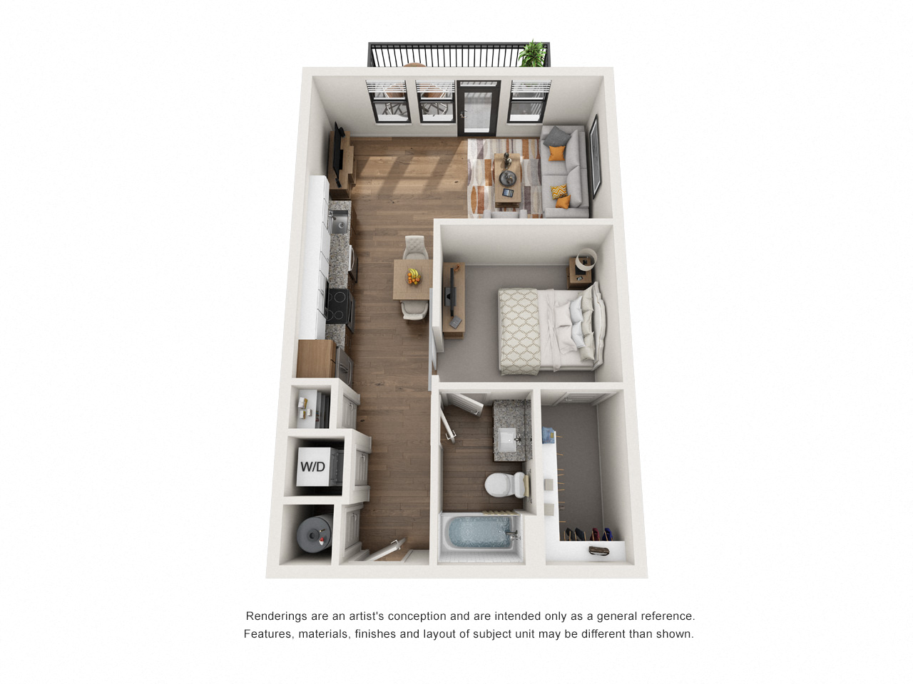 Floor plan for 1 bed, 1 bath, 652 sqft